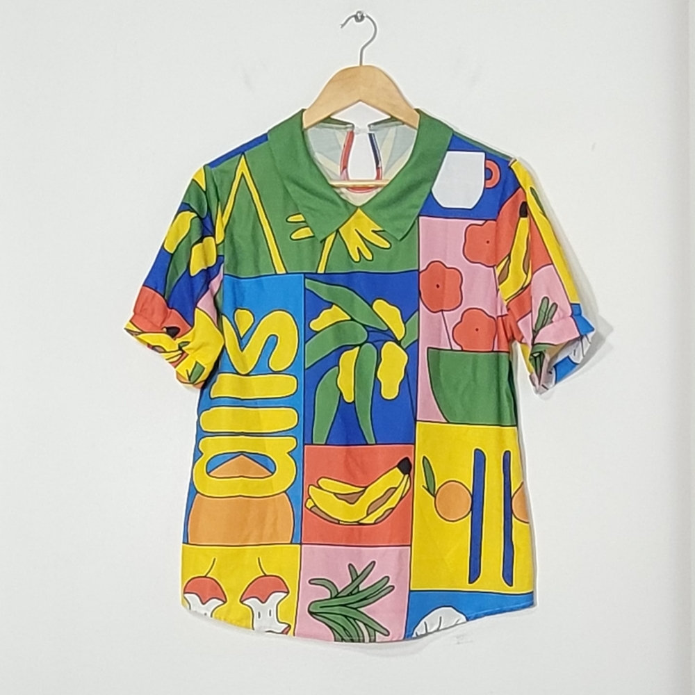 Pop Art Multicolored Abstract Prints Short Sleeve Lightweight Blouse Size Small - Picture 5 of 14